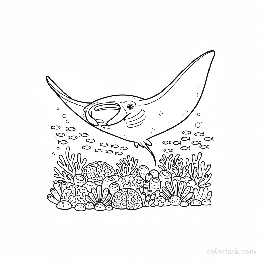 Black and white line art of a graceful manta ray swimming above a detailed coral reef, ready for coloring.