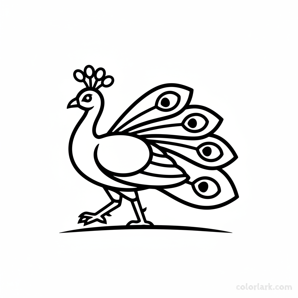 Black and white line art of a graceful peacock walking, simplified for easy coloring by kids in India.