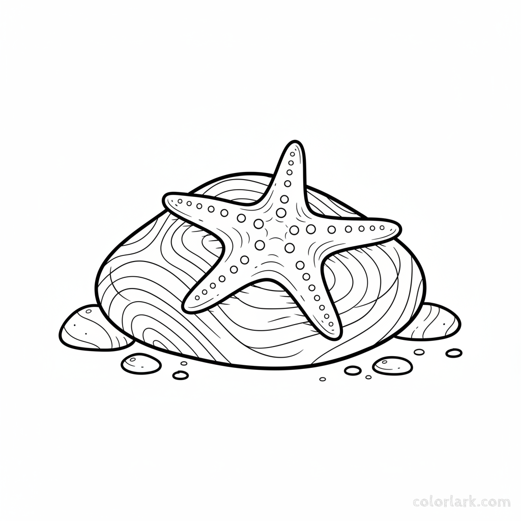 Black and white line art of a graceful five-armed starfish gliding across a smooth underwater rock.
