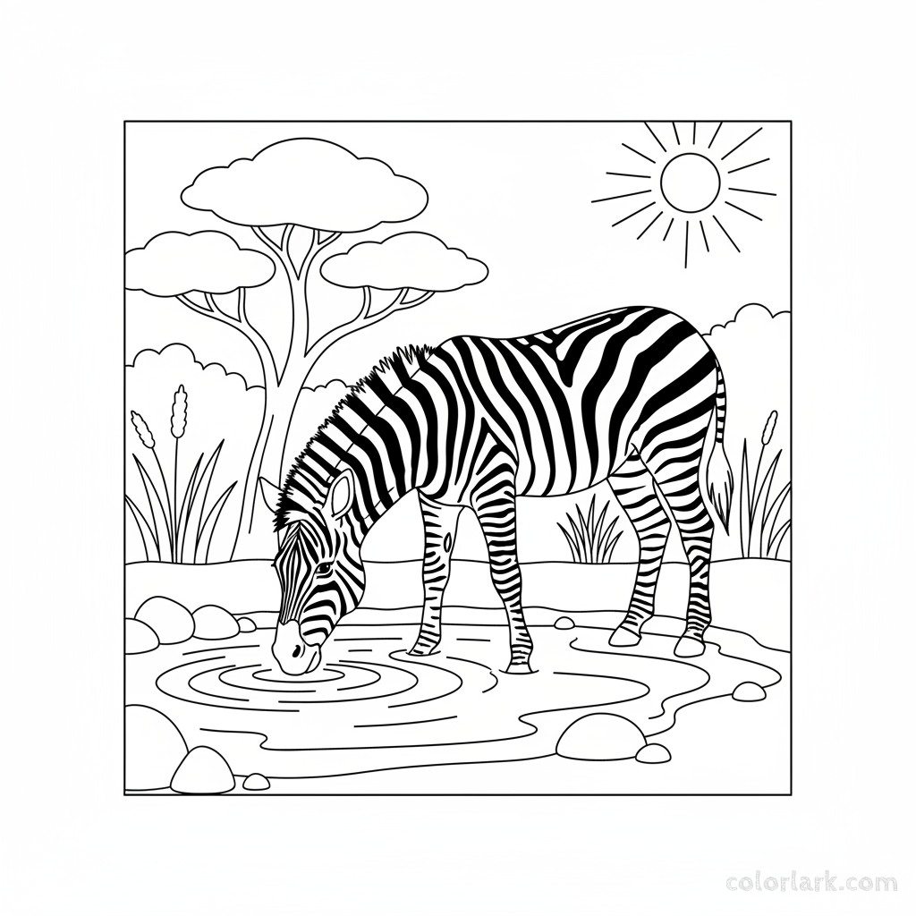 Line art of a graceful striped zebra bending its head down to drink water from a clear pool in a sunny zoo.