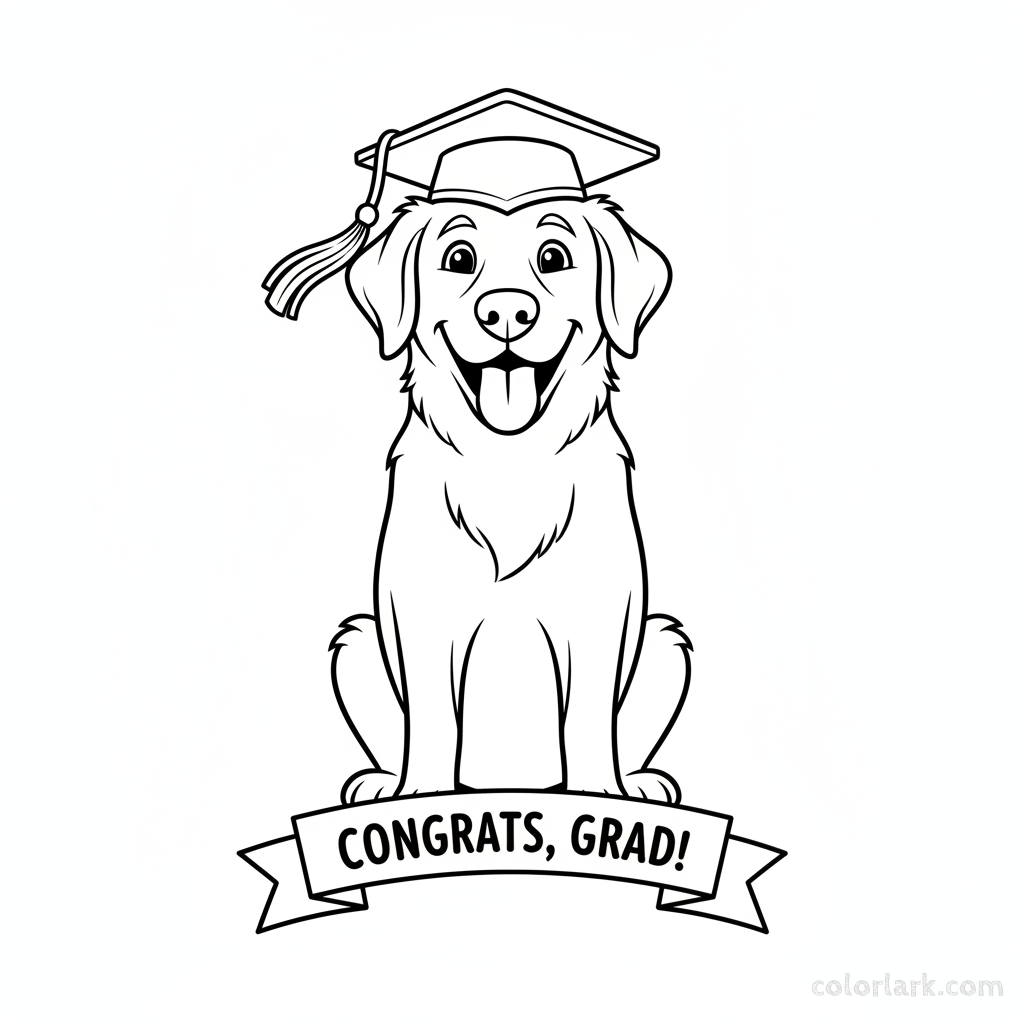 Black and white line art of a proud dog wearing a simple graduation cap with a tassel, for kids in India to color.
