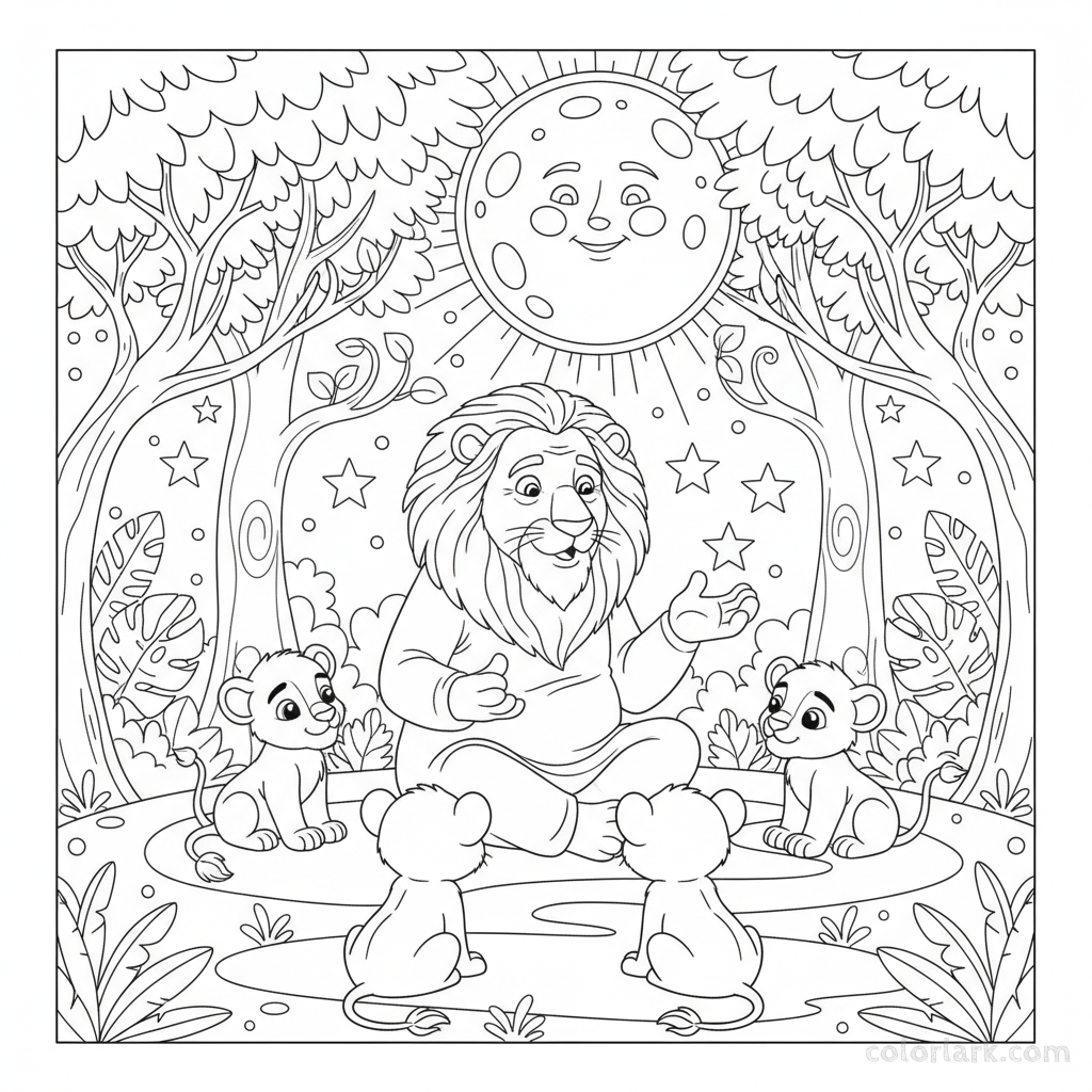 Black and white line art of a grandfather lion telling stories to cubs under moonlight