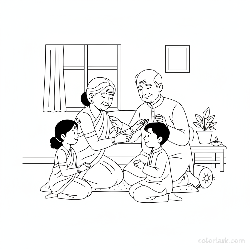 Grandparents blessing kids on Holi coloring page with vibrant colors.