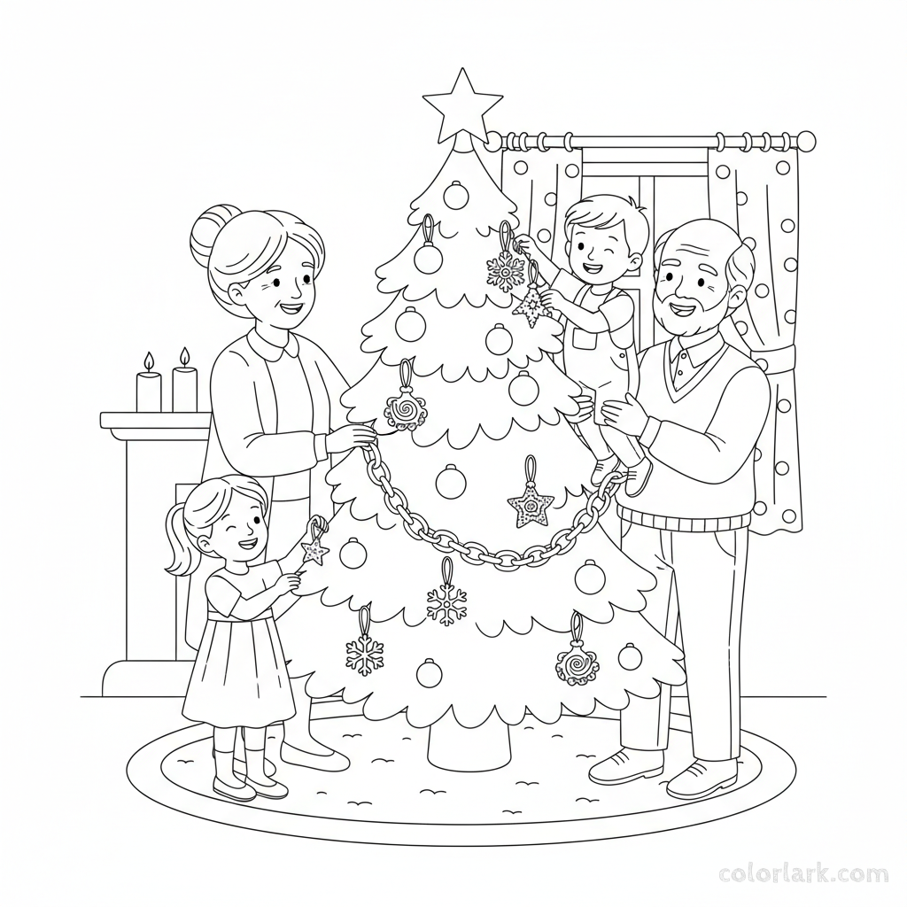 Line art of grandparents and grandkids hanging handmade ornaments on a Christmas tree.