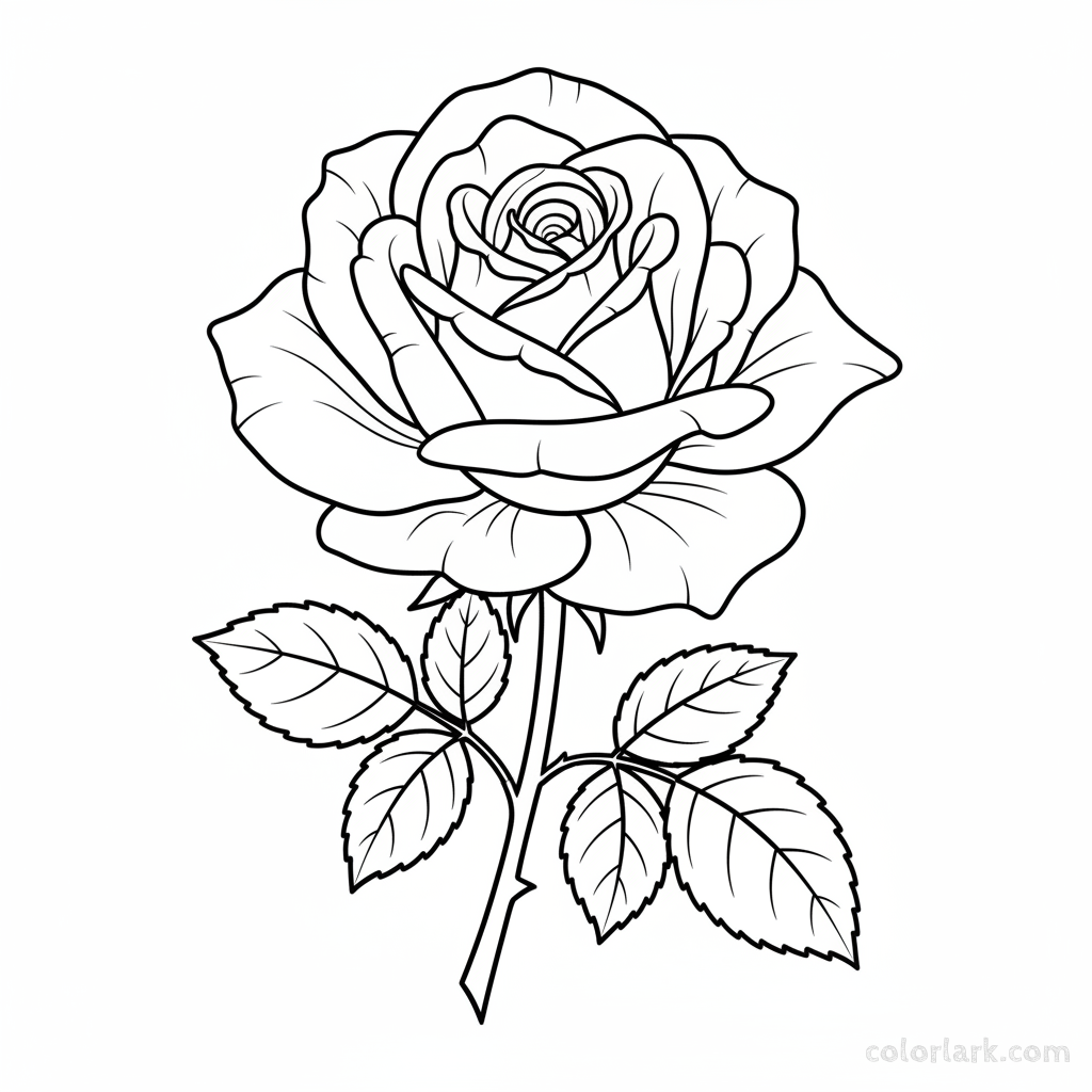 Black and white line art of a blooming rose with pre-shaded areas in grayscale for advanced coloring