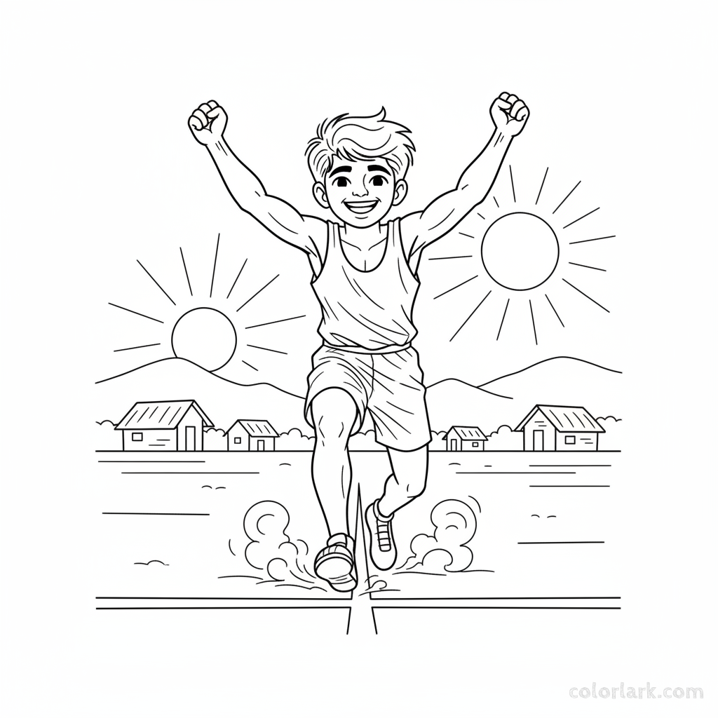 Line art of an Indian village boy, a kabaddi raider, with a wide grin, successfully crossing the midline in a kabaddi game.