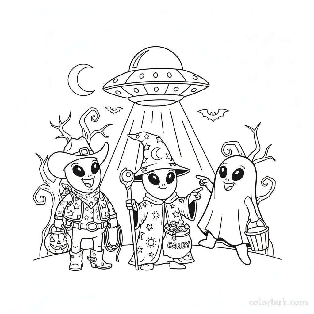 Black and white line art of a group of friendly, cartoonish aliens dressed in comical Halloween costumes, laughing together.