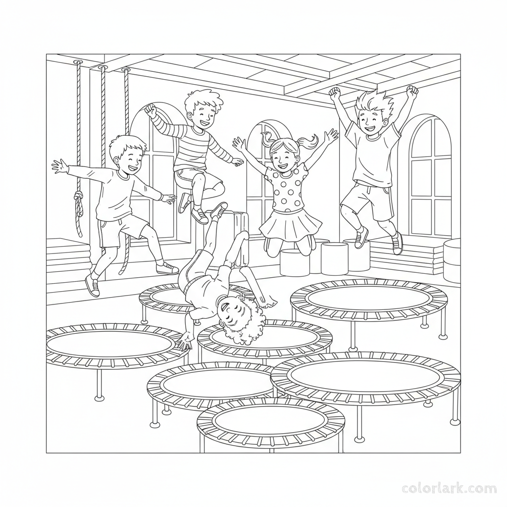 Black and white line art of a group of kids having fun and exercising on multiple trampolines in a kids fitness center.
