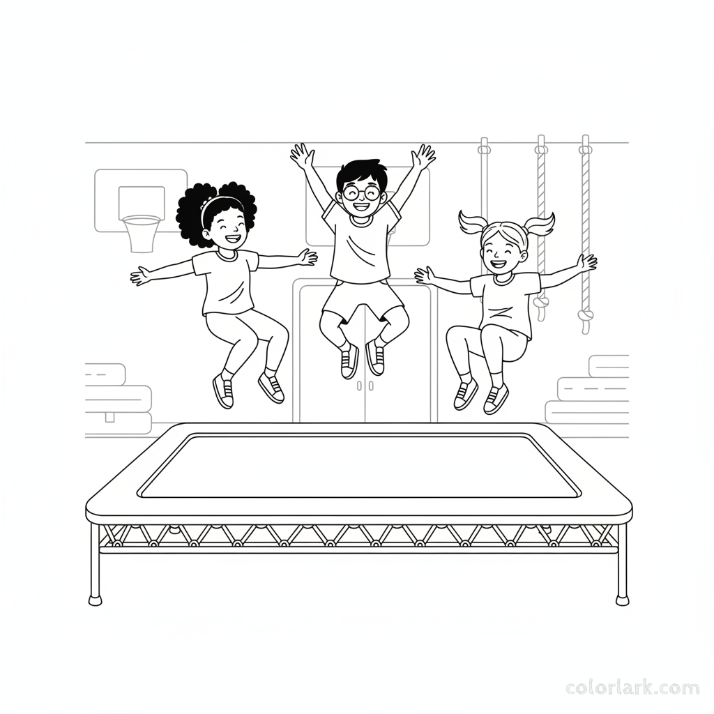 Black and white line art of a group of laughing children enjoying trampoline jumps on a large shared trampoline.