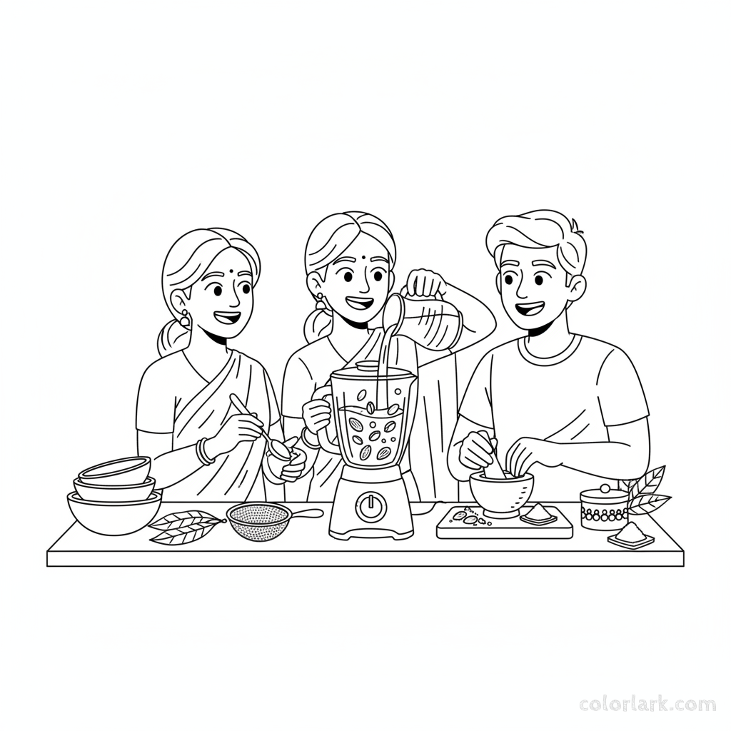 Friends making Thandai drink coloring page for Holi festival