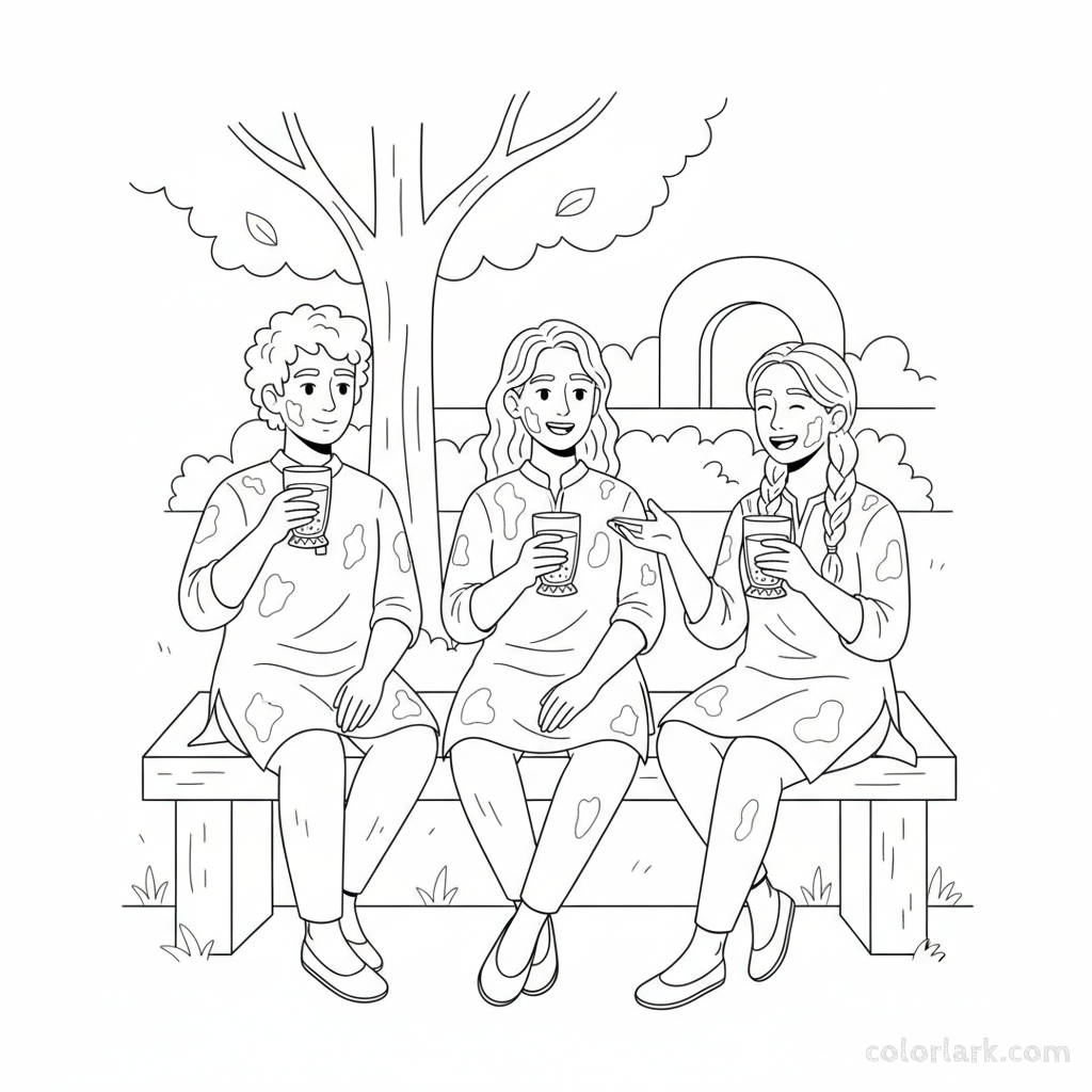 Friends sharing Thandai after Holi celebration coloring page