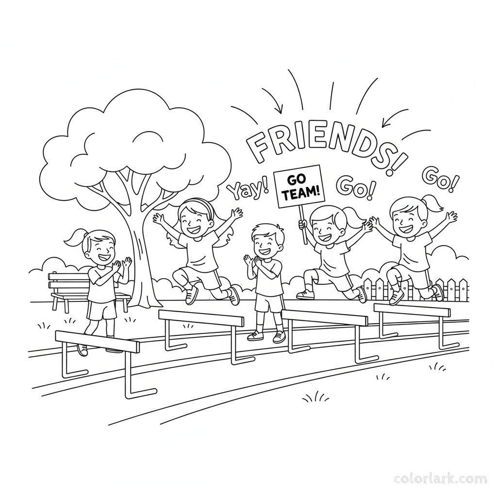 Black and white line art of a group of friends tackling hurdles together on a community track.