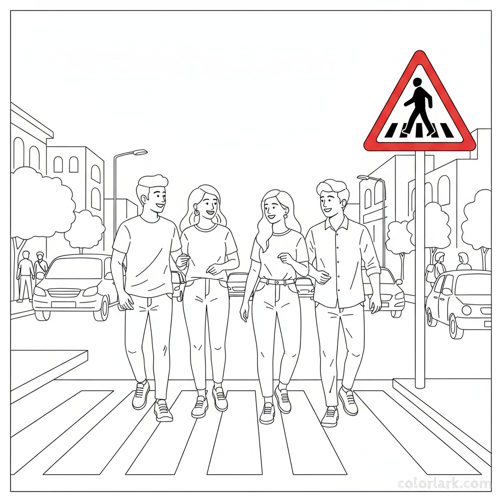 Black and white line art of a group of friends using a pedestrian crossing near an Indian pedestrian crossing warning sign.