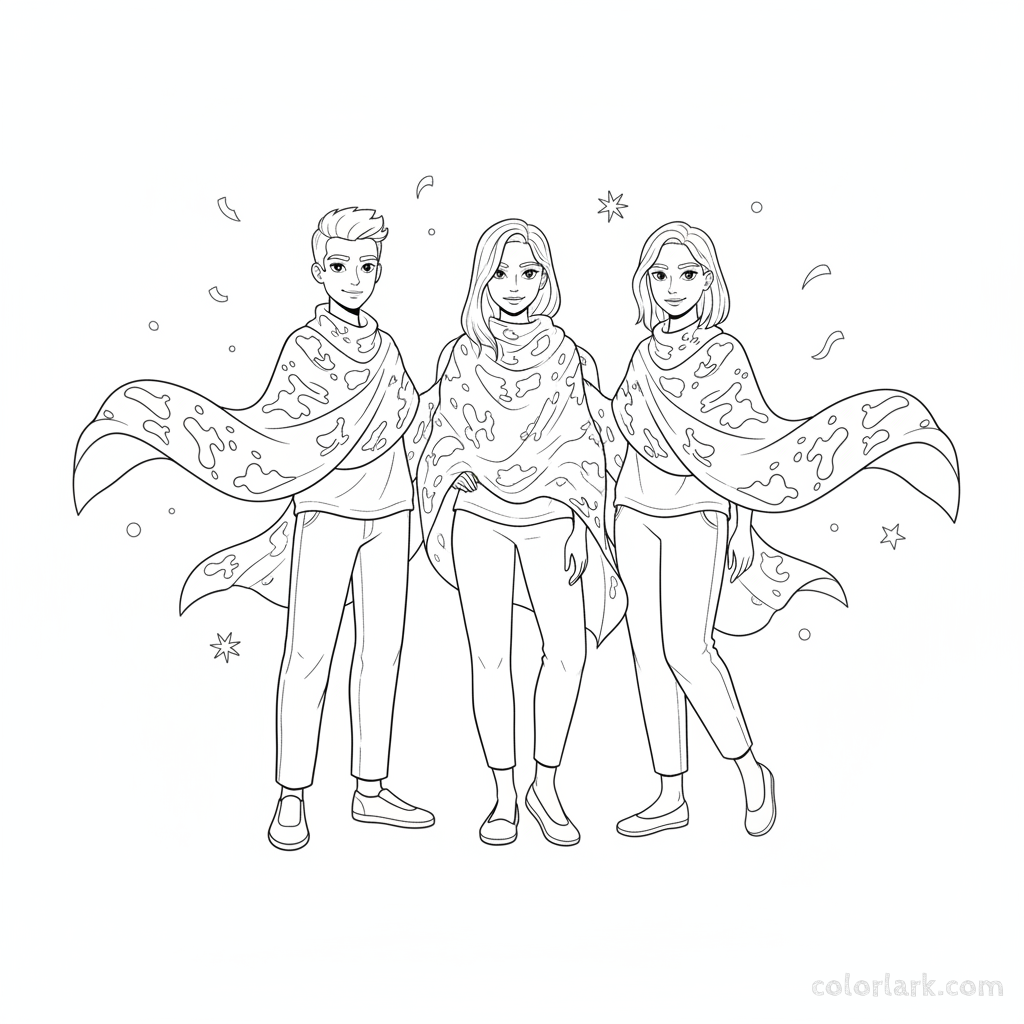 Holi coloring page with friends and colorful scarves.