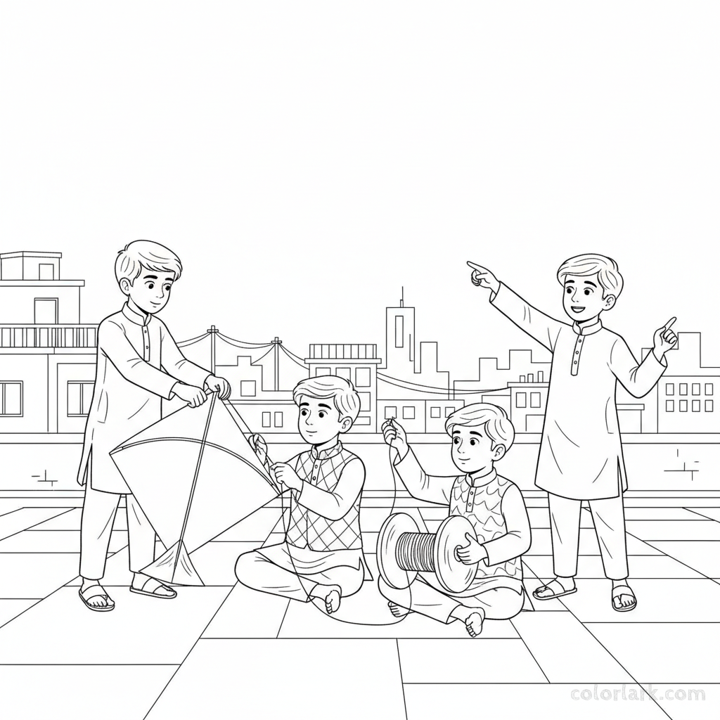 Line art of a group of Indian boys preparing kites on a spacious Indian urban rooftop, for coloring.