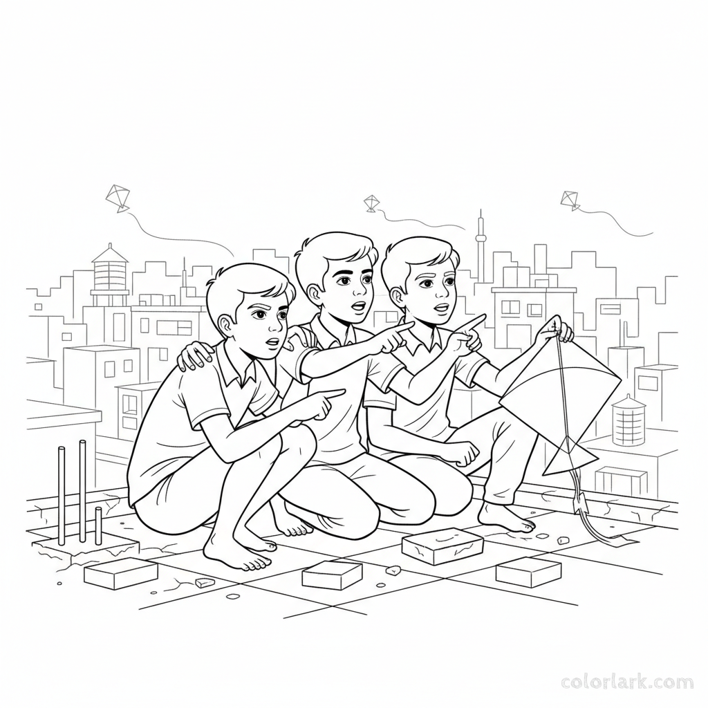 Line art of Indian boys strategizing kite battle moves on an Indian city rooftop, for coloring.