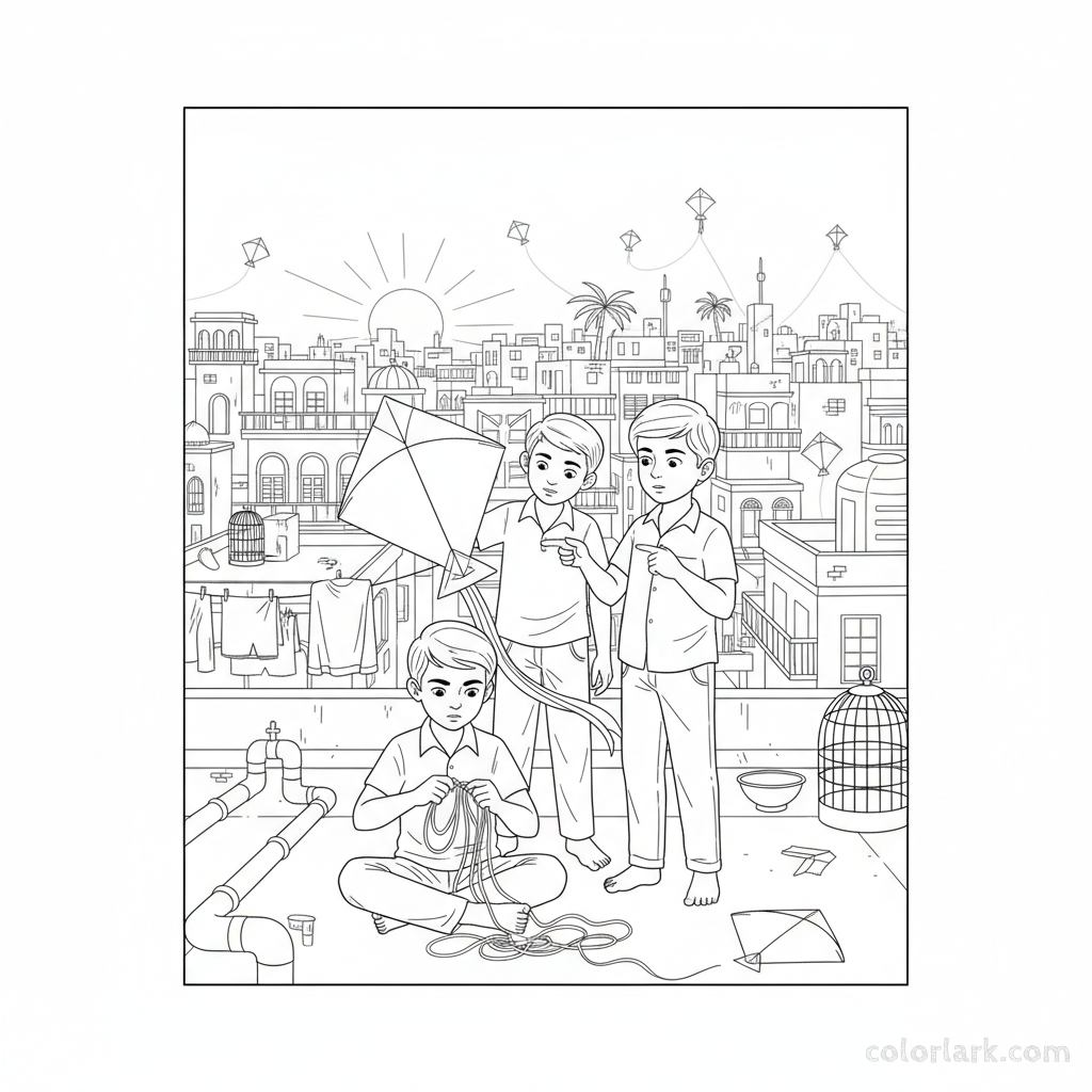 Line art of a group of Indian boys untangling kite strings on a bustling Indian city roof, for coloring.