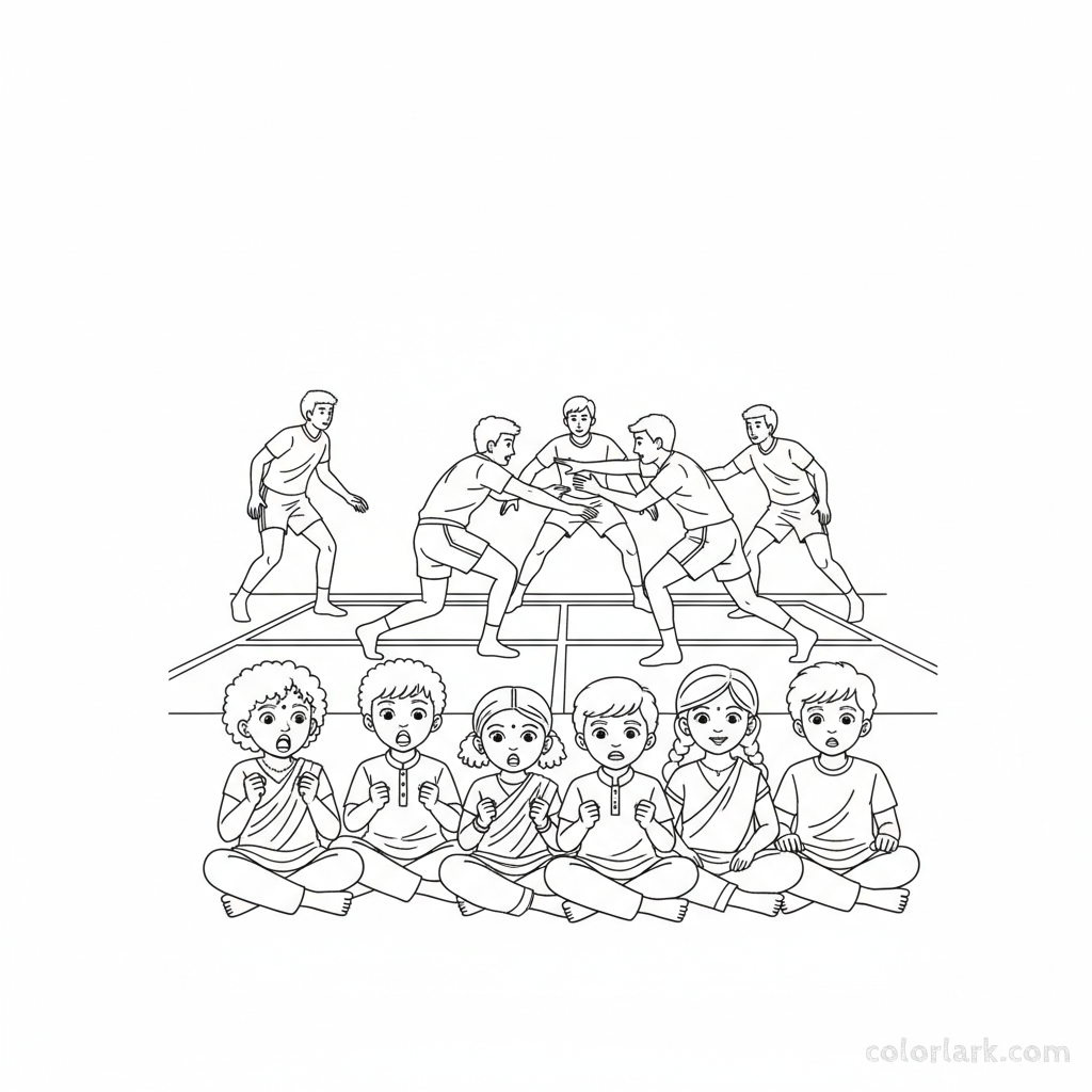 Line art of a group of Indian children completely captivated by a kabaddi raider's move during a National Championship match.