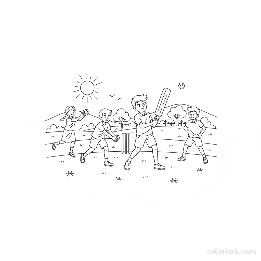 Group of Indian children enjoying a casual cricket game on a wide, open village field, with batsman, bowler, and fielders.