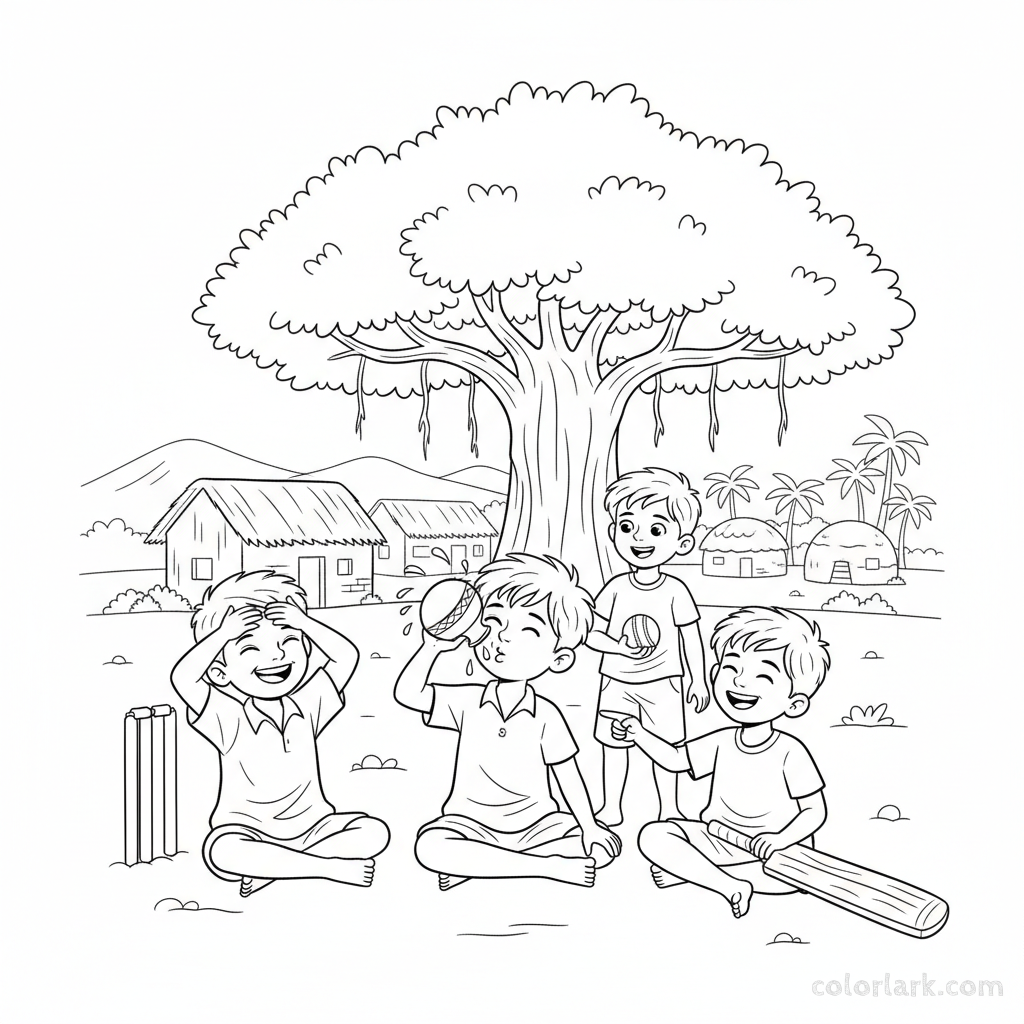 Group of Indian children taking a water break during a cricket game on a village ground, showing camaraderie.