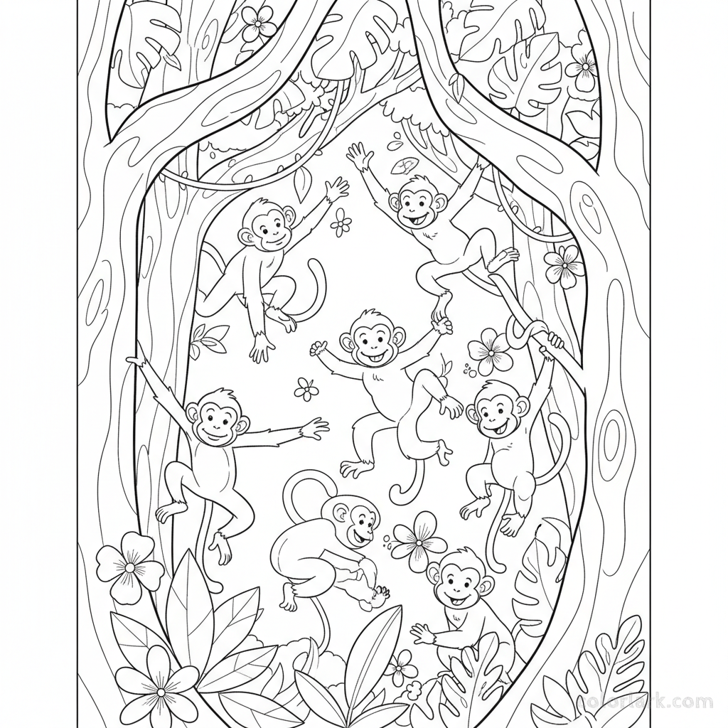 Black and white line art of playful monkeys leaping between trees in an Indian jungle