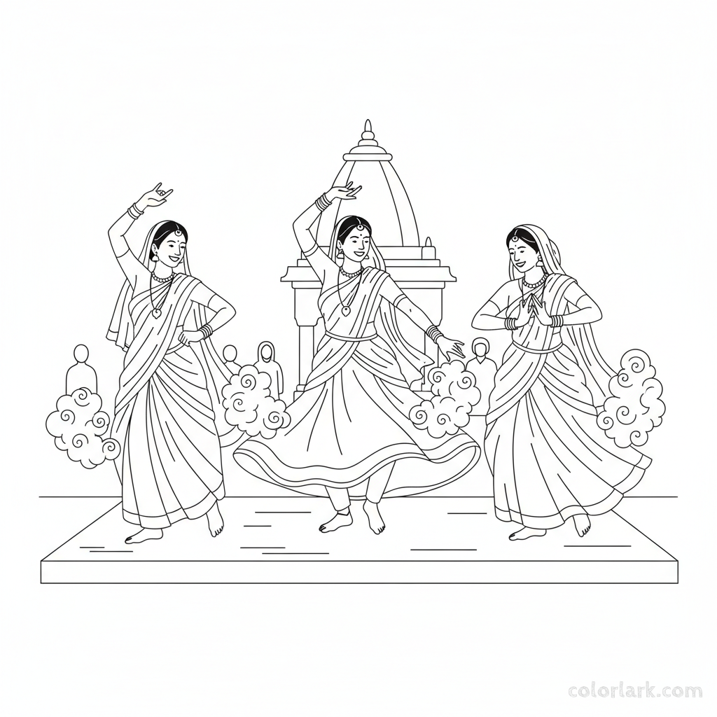 Group of women folk dancing for Holi coloring page