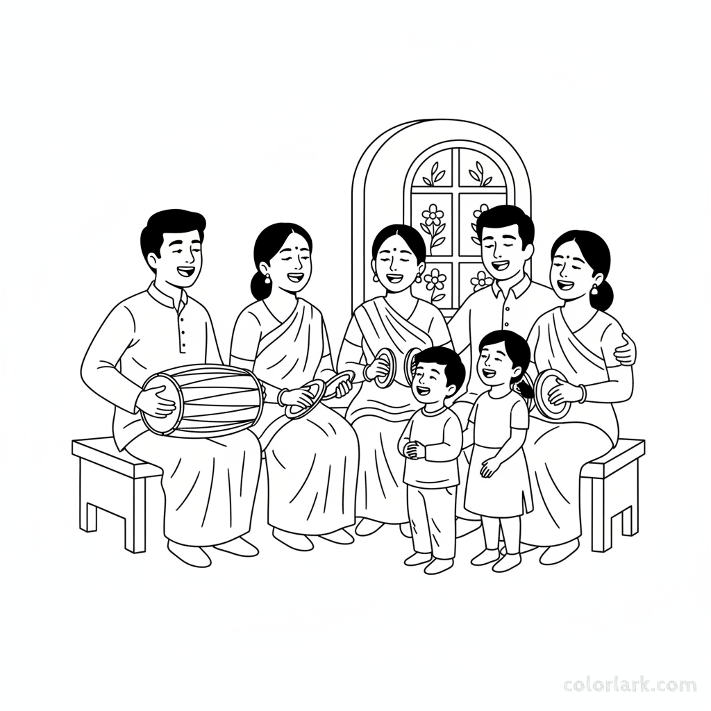 Group singing traditional Holi songs coloring page