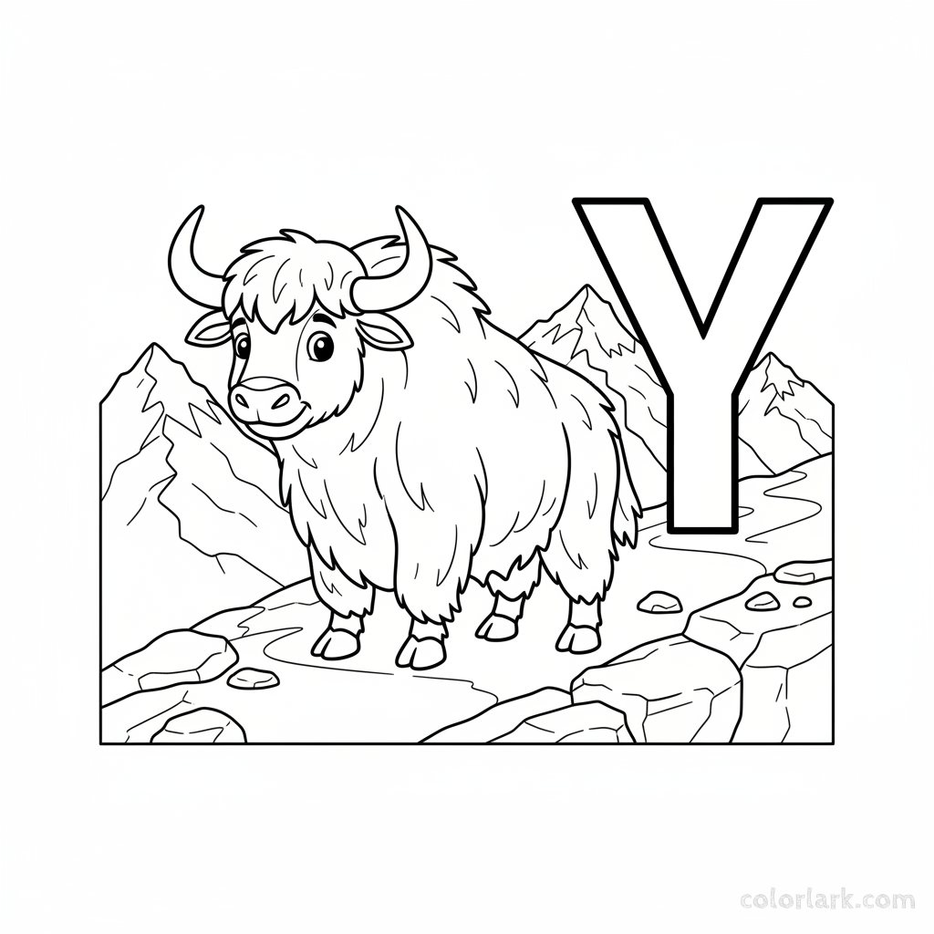 Black and white line art of a hairy yak standing proudly by the letter Y.