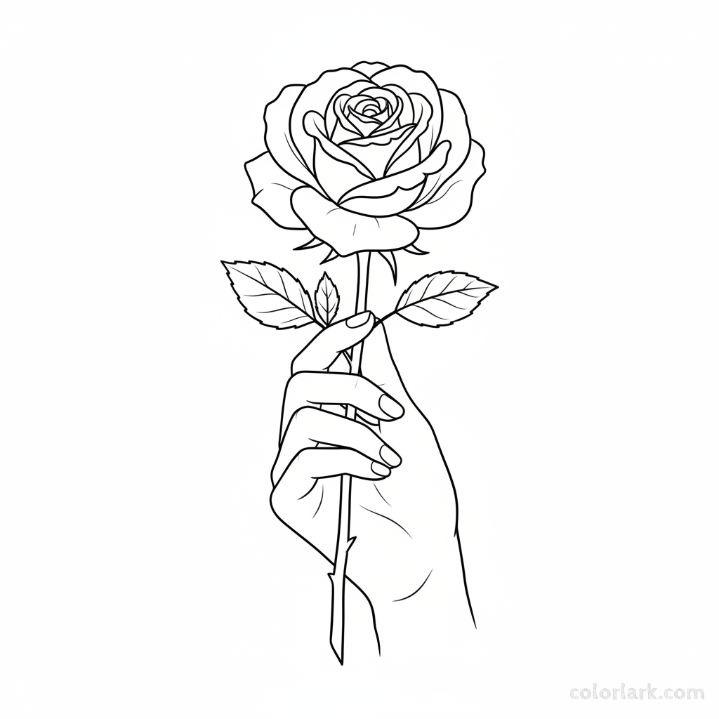 Black and white line art of a gentle hand delicately holding a single fully bloomed rose by its stem