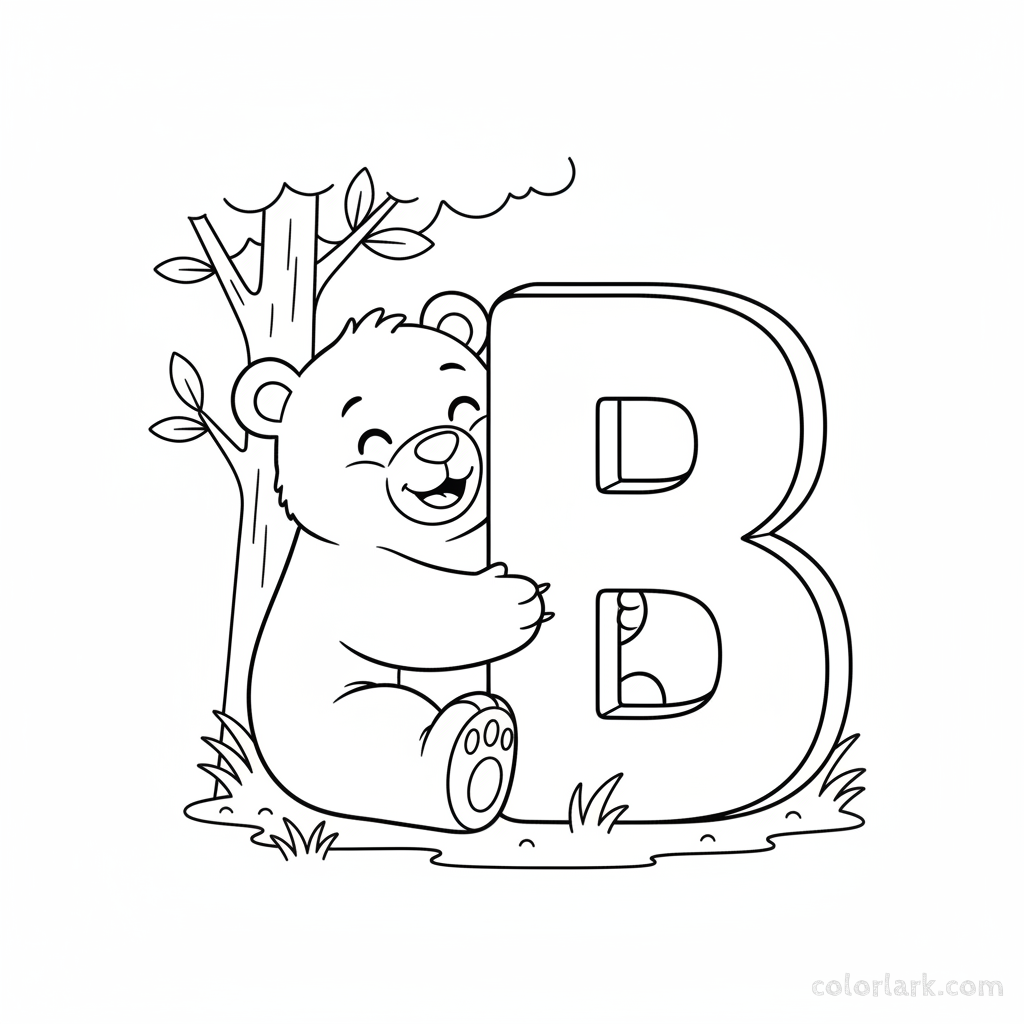 Black and white line art of a happy bear hugging the letter B.