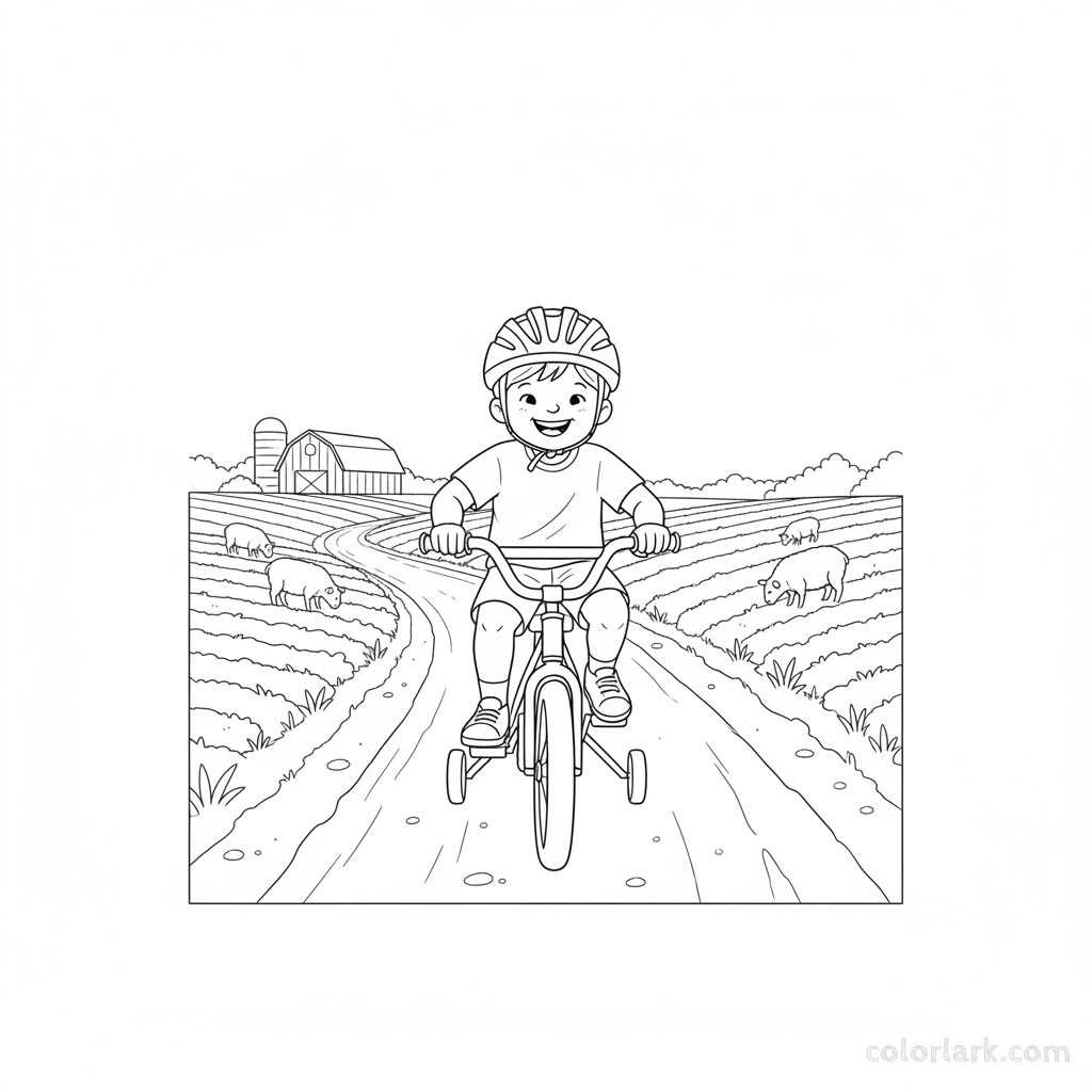 Black and white line art coloring page of a happy child with a helmet, riding a bicycle on a smooth farm track.