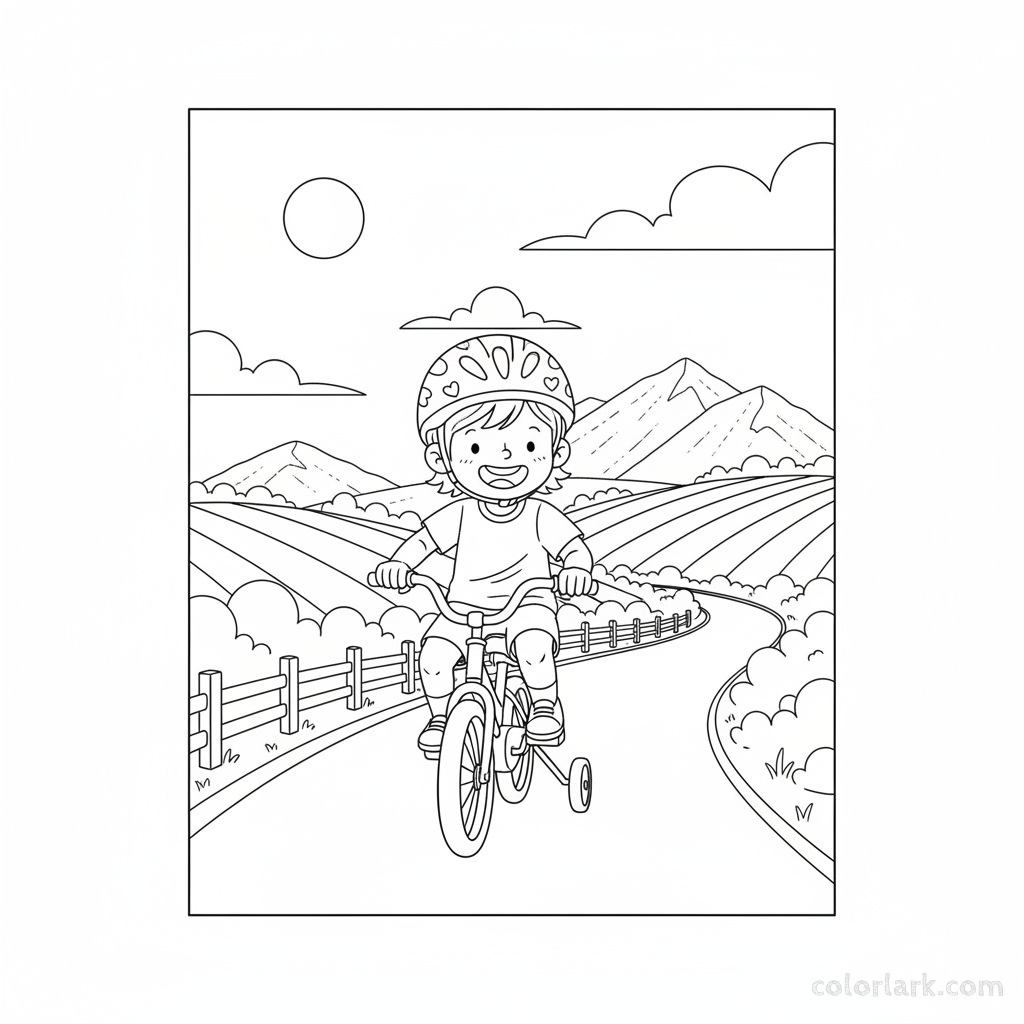 Black and white line art coloring page of a happy child with a helmet, riding a bicycle on a smooth hillside road.