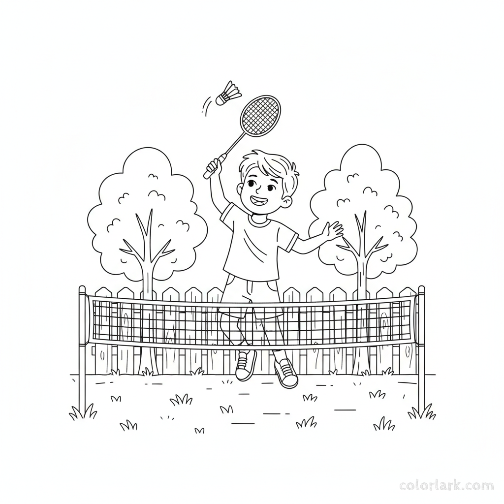 Black and white line art of a happy boy playing badminton in a sunny backyard.