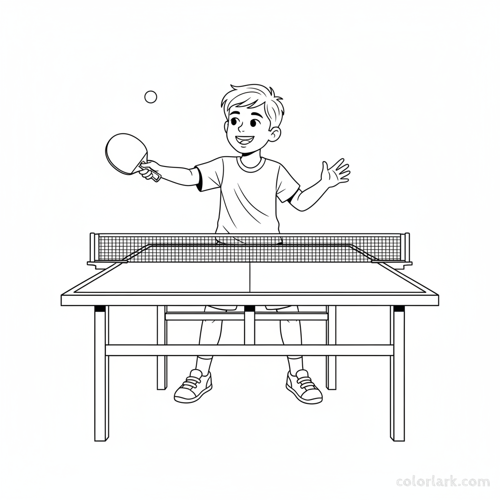 Line art of a happy boy practicing his forehand serve in table tennis.