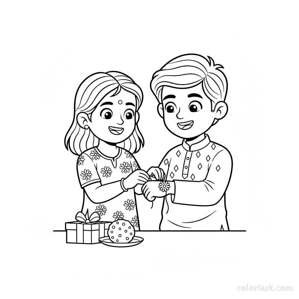 Black and white line art of a happy sister tying a rakhi on her brother's wrist for Rakshabandhan.