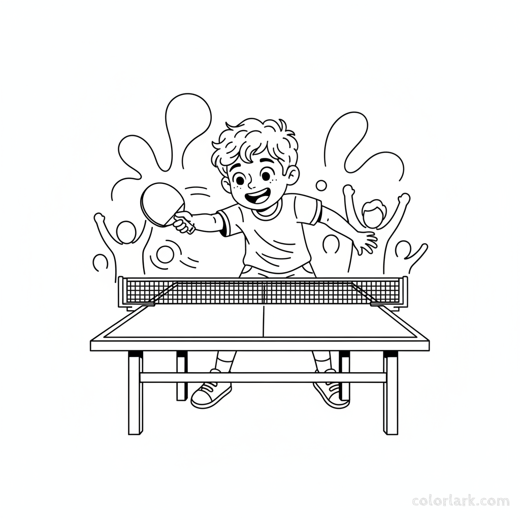 Line art of a happy child performing a backhand flip over the net in table tennis.