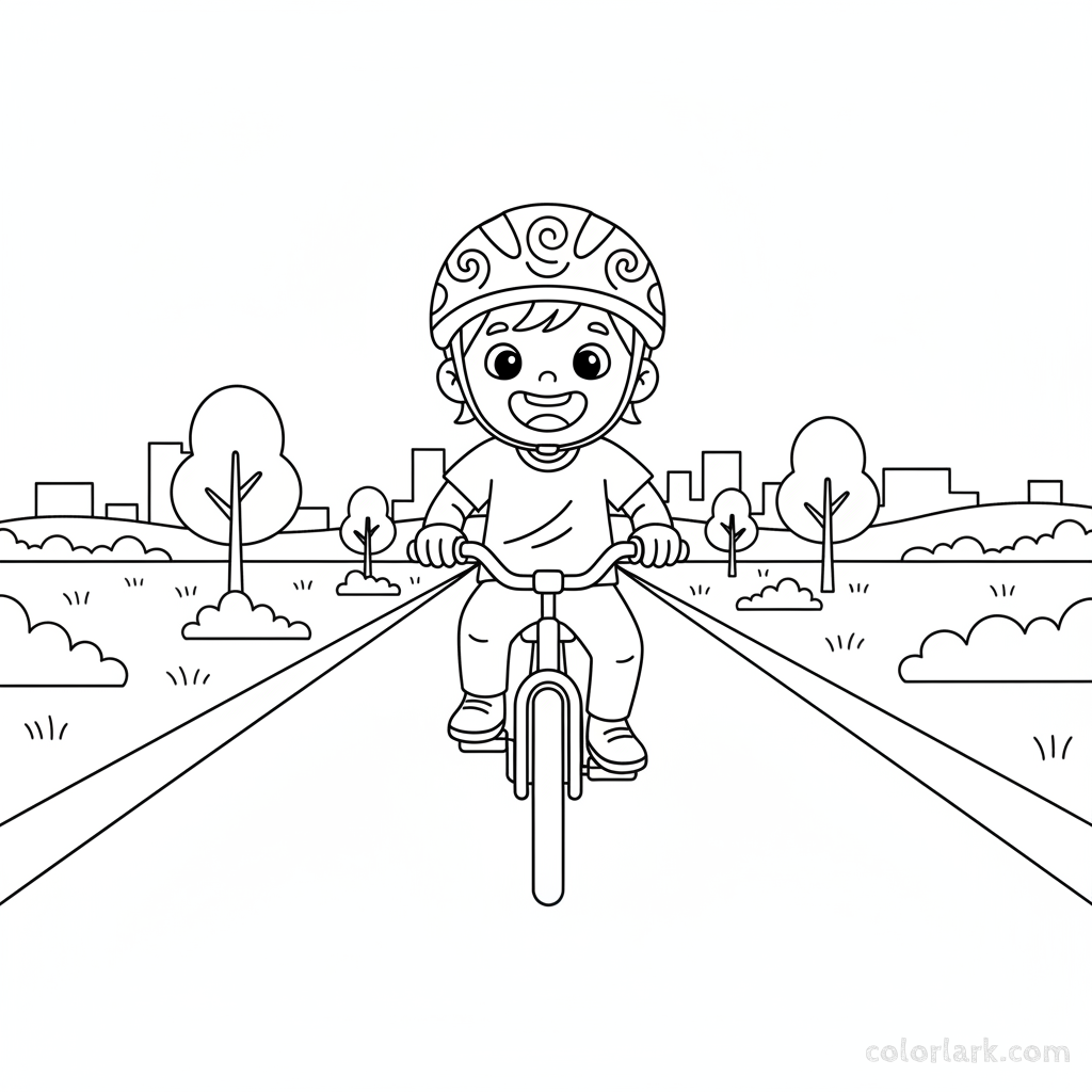 Black and white line art coloring page of a happy child with a helmet, riding a bicycle on a straight greenbelt path.