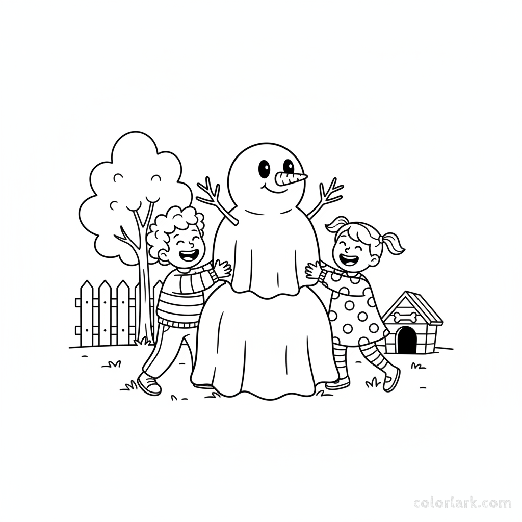 Black and white line art of happy children building a friendly snowman out of white sheets, Halloween coloring page.