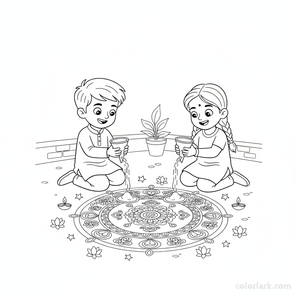Two happy children creating a detailed rangoli pattern on the ground for Diwali, focused and joyful, line art
