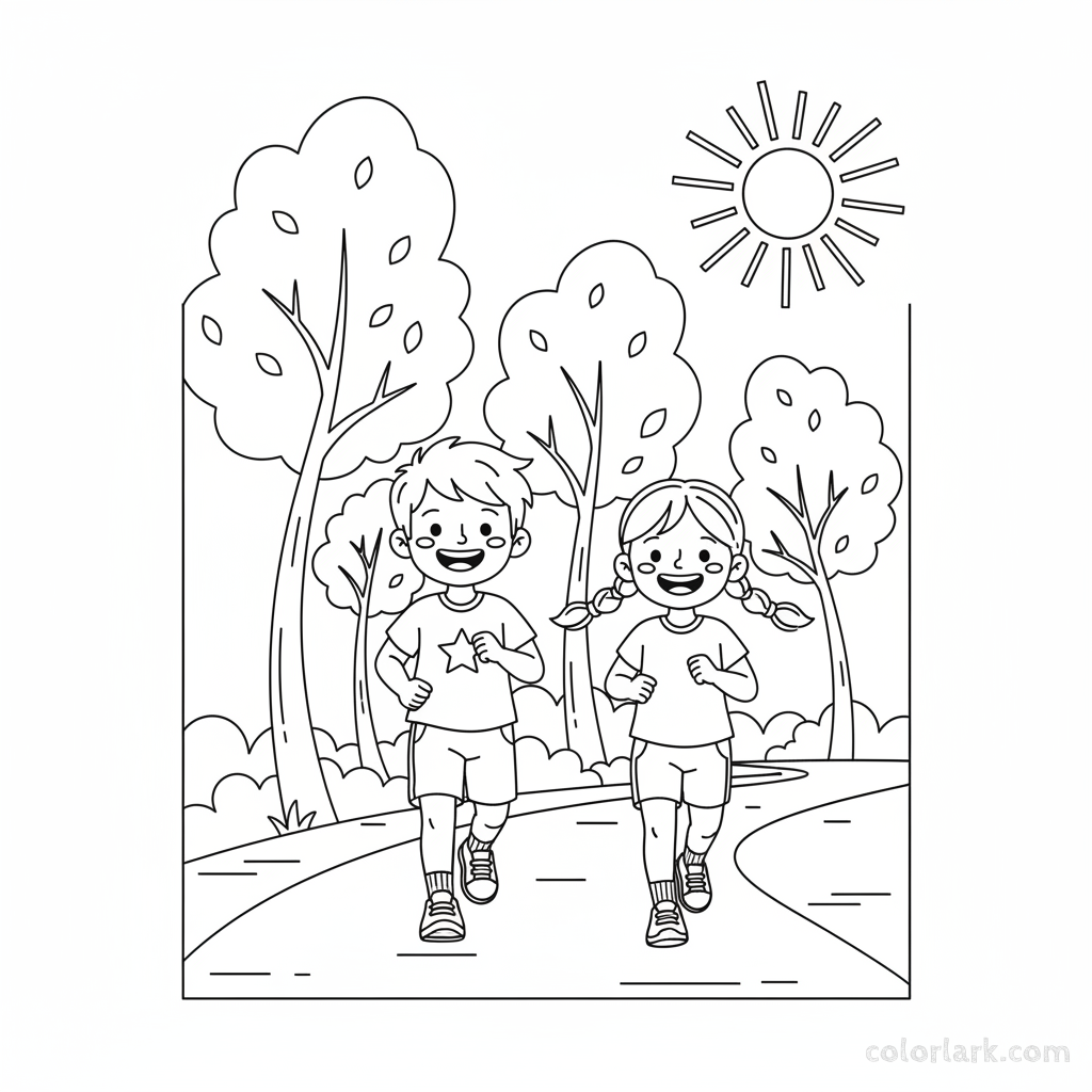 Line art of two happy children jogging on a park path under the sun