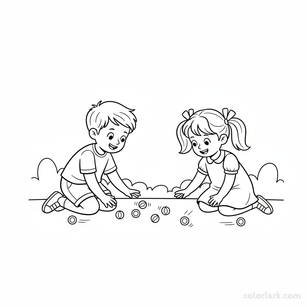 Happy children kneeling on the ground, playing with colorful marbles outdoors on Diwali day, focused and joyful, line art