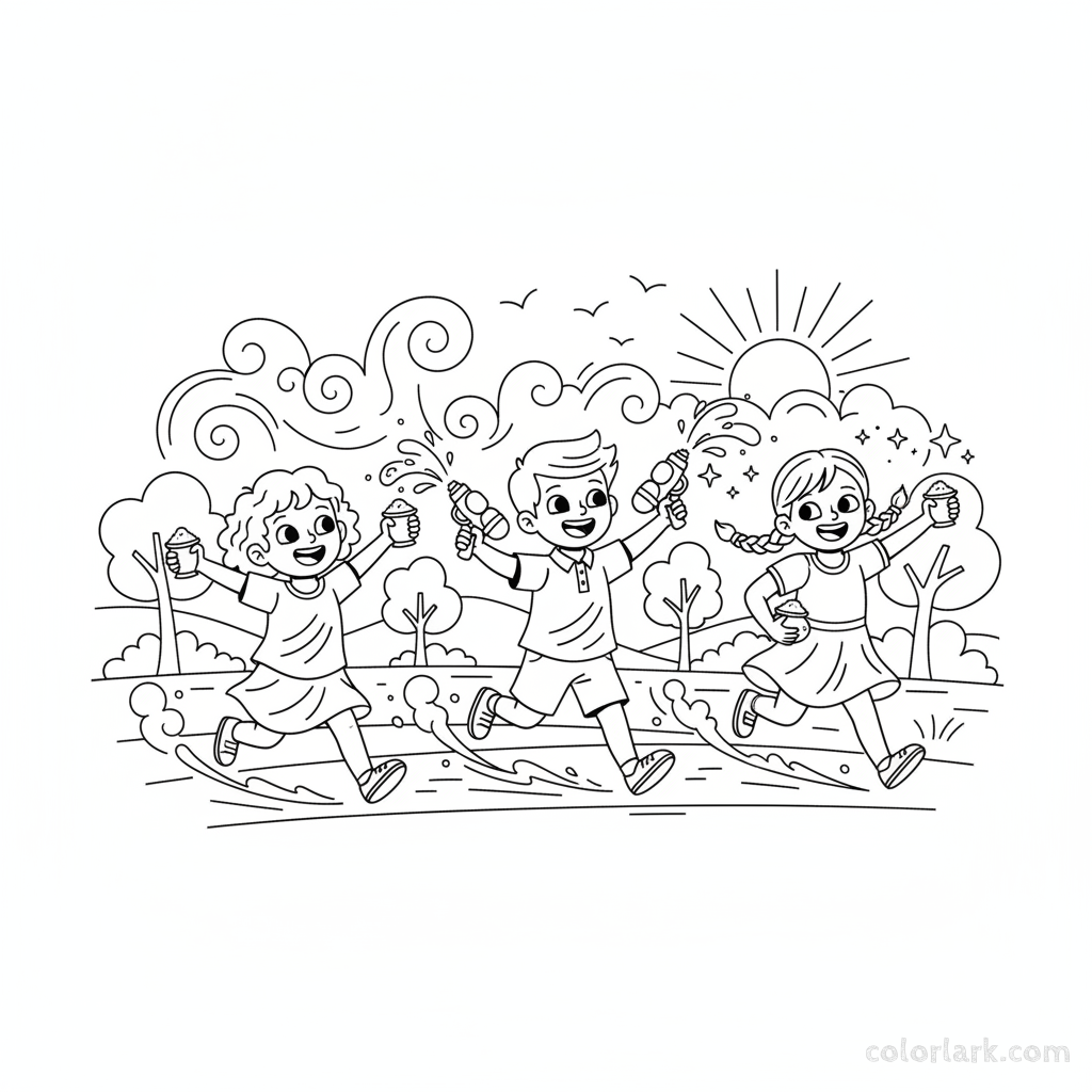 Happy children running with vibrant Holi colors, free printable coloring page.