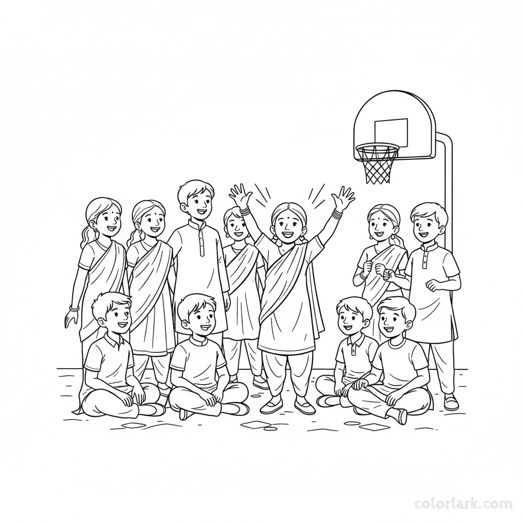 Line art of happy Indian children watching a street basketball match, with some cheering.