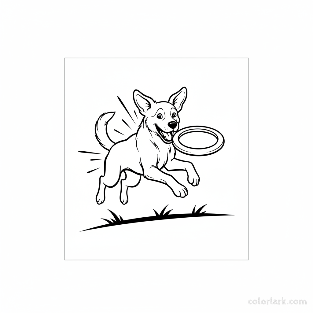 Black and white line art of a happy dog catching a frisbee.