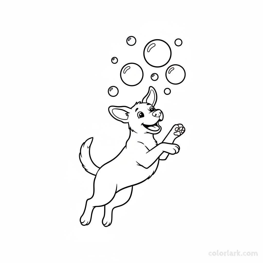 Black and white line art of a happy dog chasing and jumping after floating bubbles, designed for children to color.