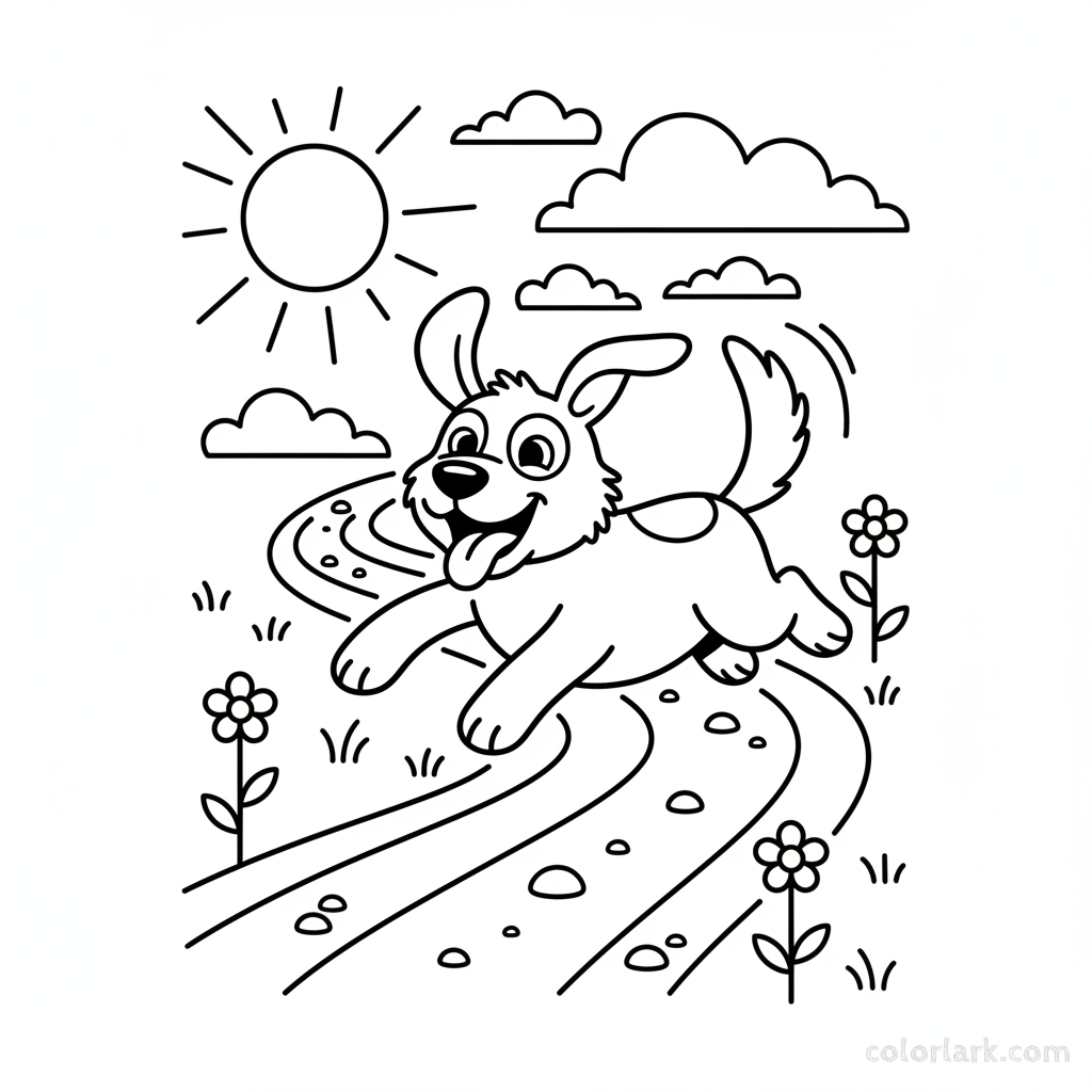 Black and white line art of a happy dog playfully hopping along a dirt path, suitable for coloring by kids in India.