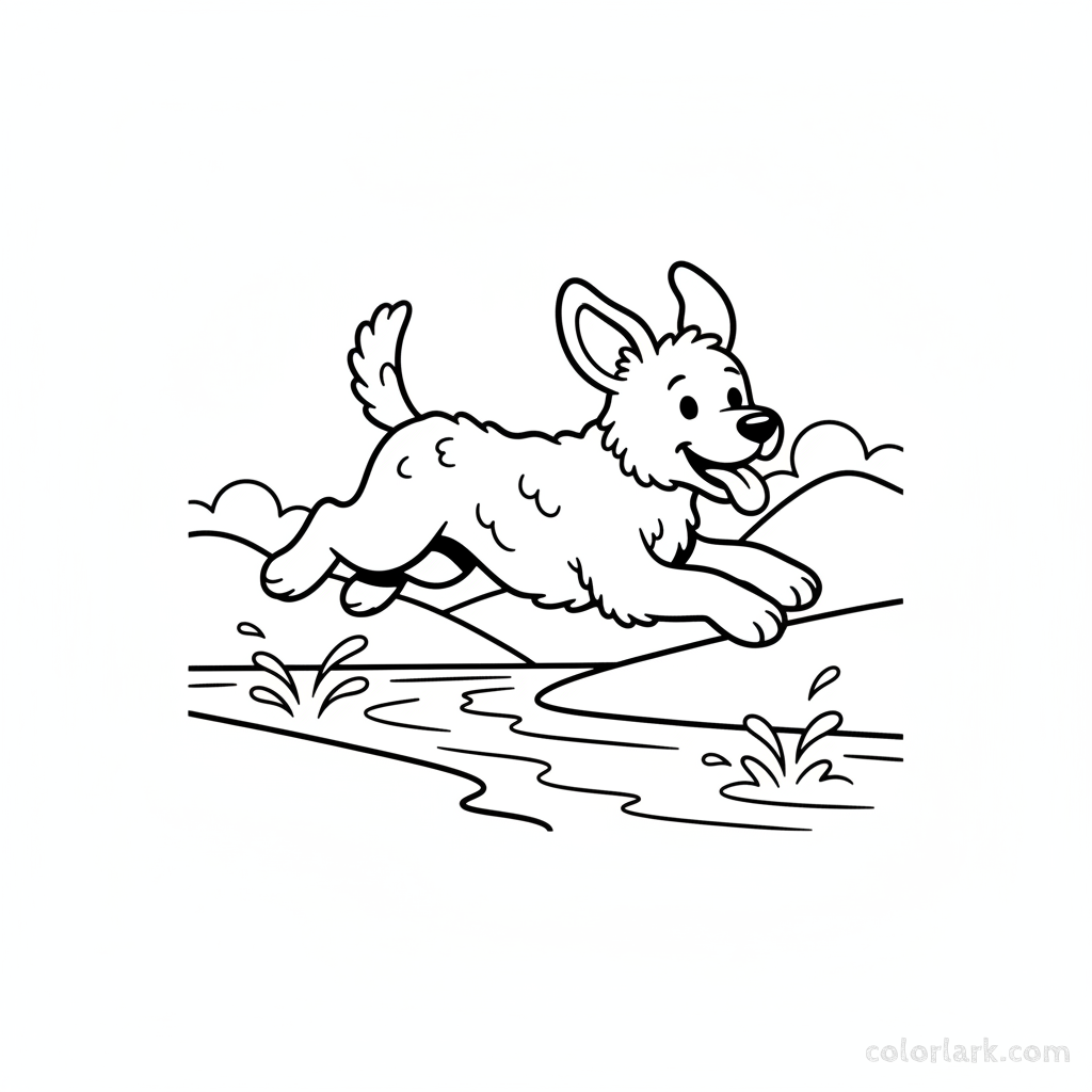 Black and white line art of a happy dog playfully leaping over a narrow stream, for Indian toddlers.