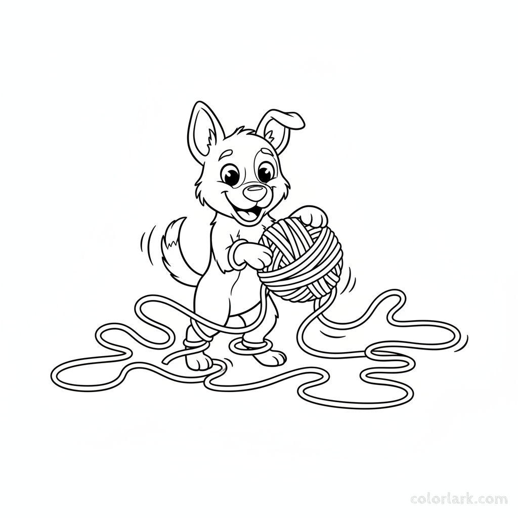 Black and white line art of a happy dog playfully batting and unwinding a yarn ball, suitable for kids in India.