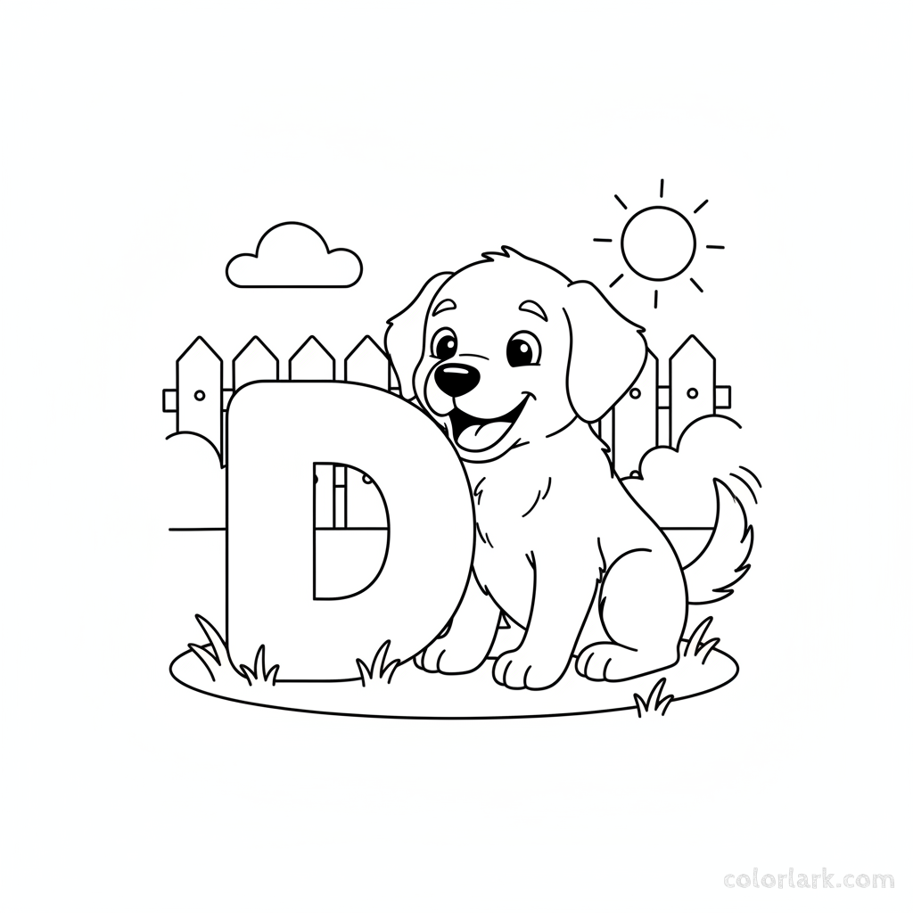 Black and white line art of a happy dog playing with the letter D.