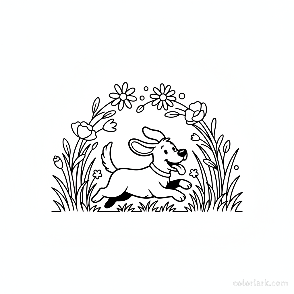 Black and white line art of a happy dog joyfully running through an arch of tall meadow grass, suitable for kids in India.